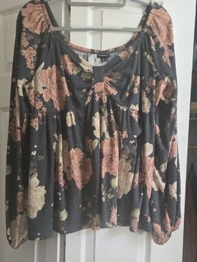 torrid Black Floral Peasant Blouse with Pink & Cream Blooms